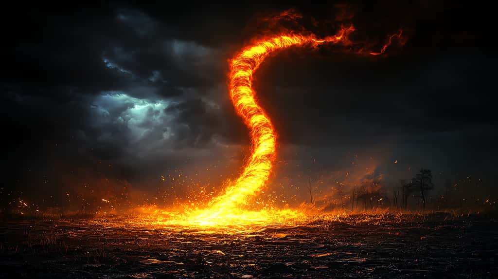 Reproduction d'une tornade de lave sur un volcan. Un phénomène pour lequel il existe peu d'images. © Vocano_King_Logo, Adobe Stock